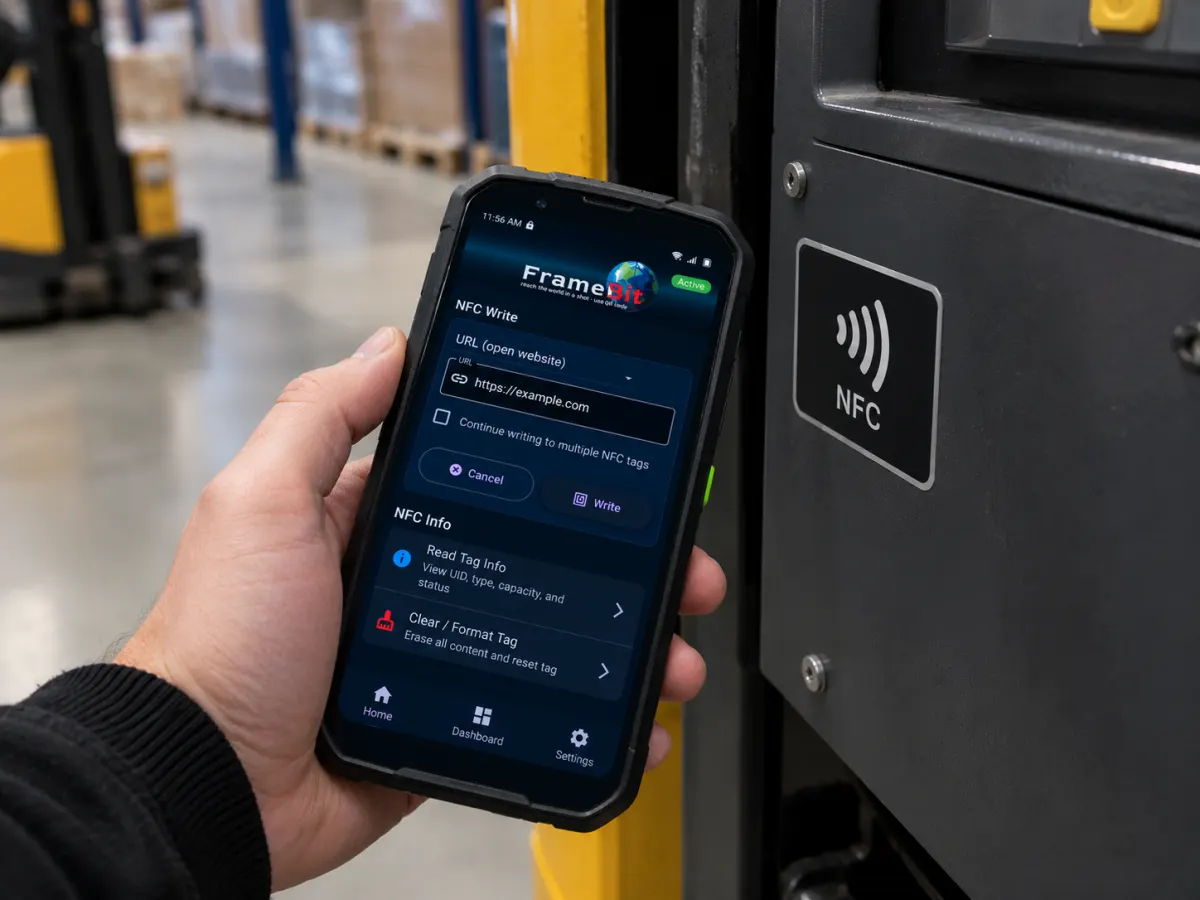 Mobilný skener priložený k NFC štítku na priemyselnom zariadení